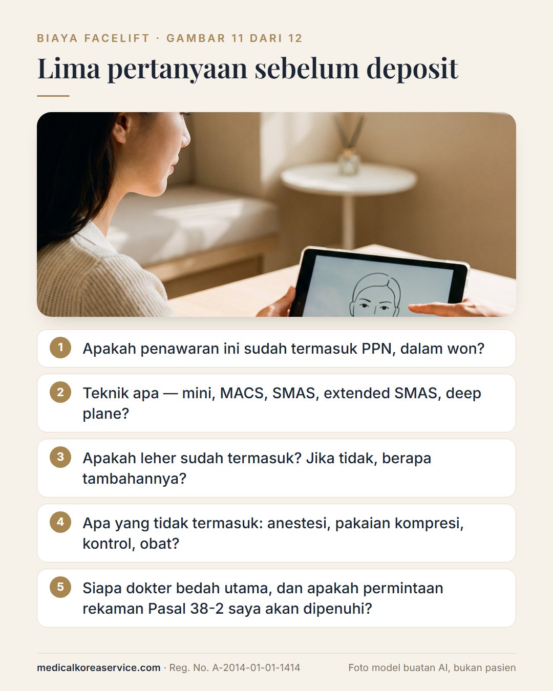 Foto model buatan AI. Suasana konsultasi dengan lima pertanyaan sebelum membayar deposit facelift di Korea: termasuk PPN, teknik apa, leher termasuk, apa yang tidak termasuk, dan nama dokter bedah beserta permintaan CCTV
