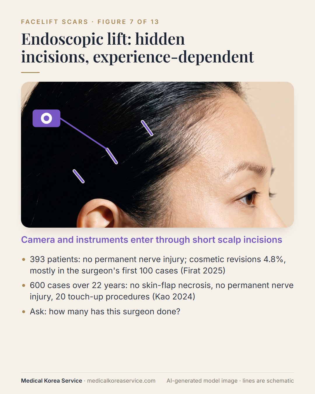 AI-generated model photo. Diagram of an endoscopic facelift with short incisions in the scalp and a camera entering through one of them