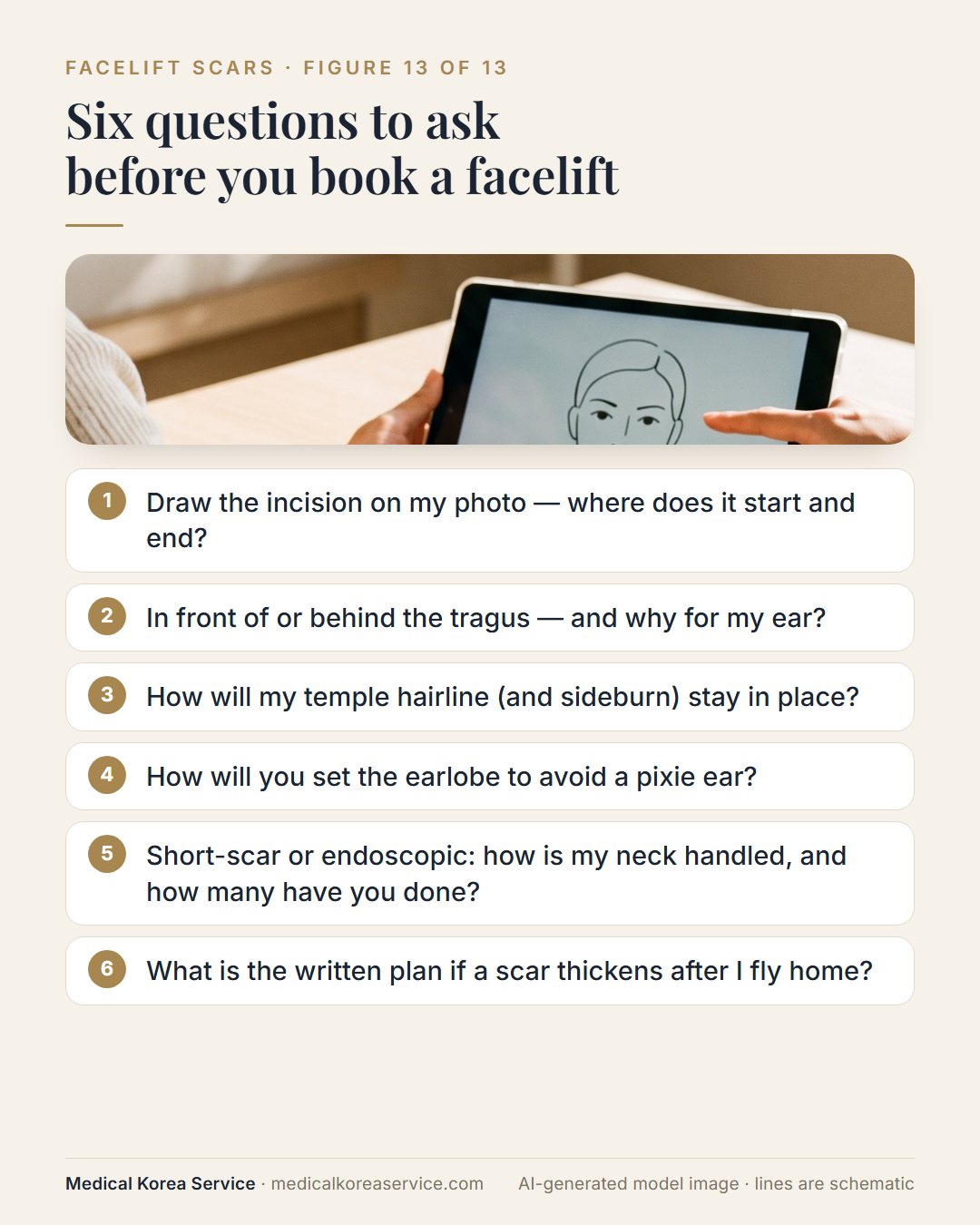 AI-generated model photo. Checklist card of six questions to ask a surgeon about facelift incisions, hairline, earlobe, neck and scar follow-up