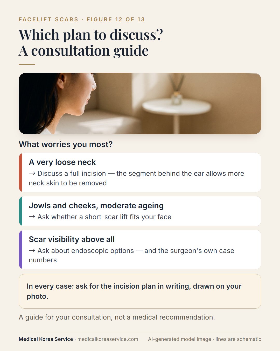 AI-generated model photo. Consultation flowchart: a very loose neck leads to discussing a full incision, moderate jowls to a short-scar lift, scar visibility to endoscopic options and case numbers