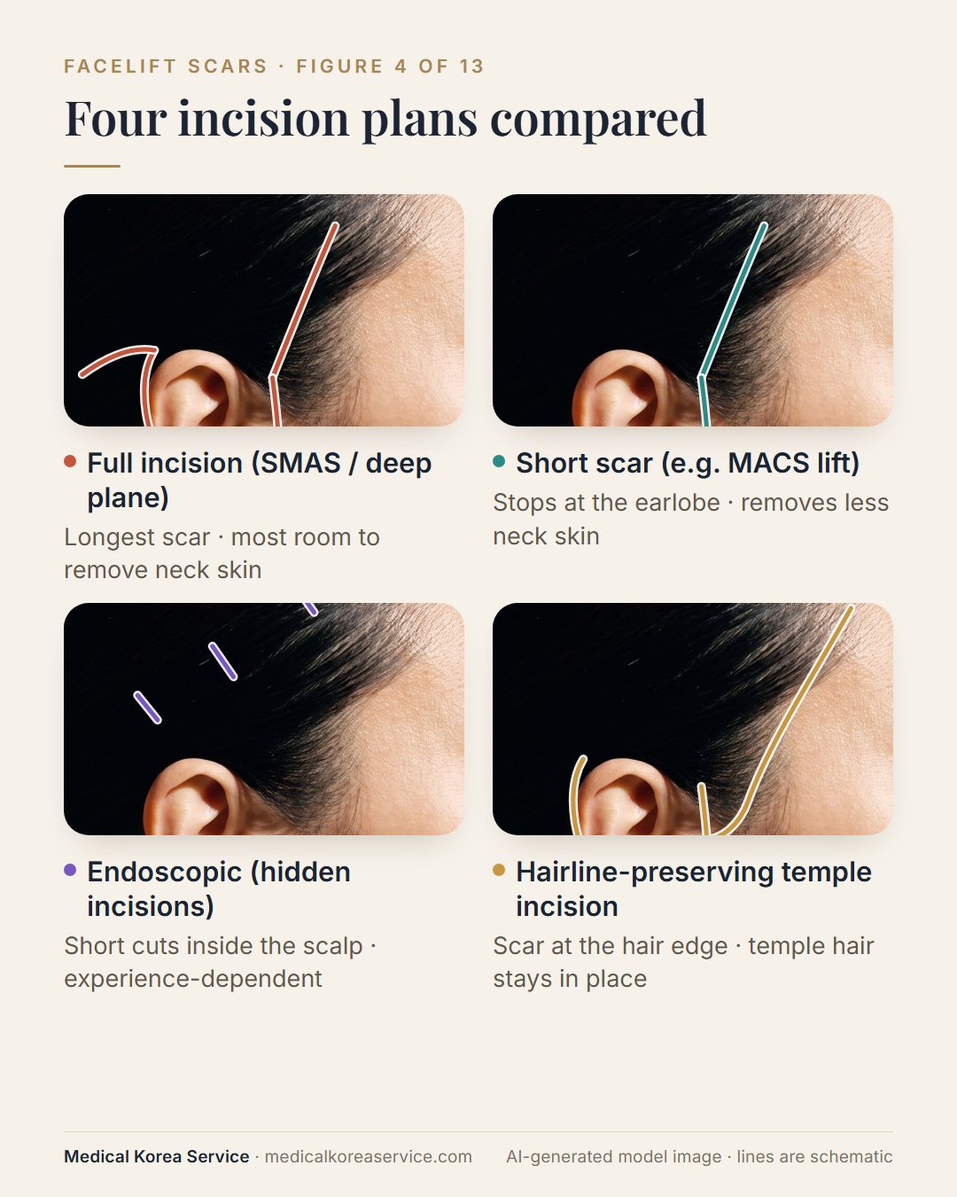 AI-generated model photo. Four side-view diagrams comparing full-incision, short-scar MACS, endoscopic and hairline-preserving facelift incision paths