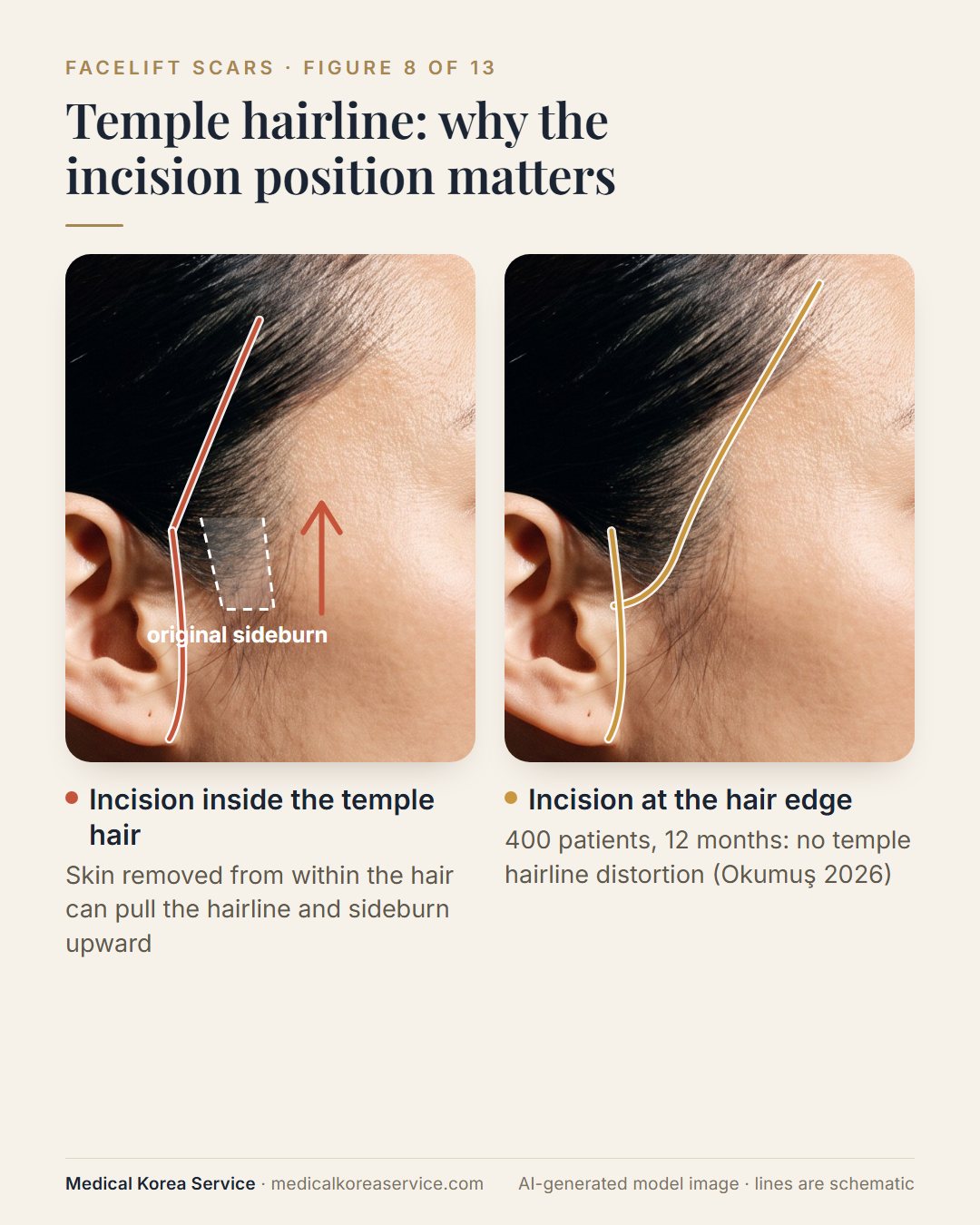 AI-generated model photo. Two diagrams comparing an incision inside the temple hair, which can raise the hairline and sideburn, with a hairline-preserving incision at the hair edge
