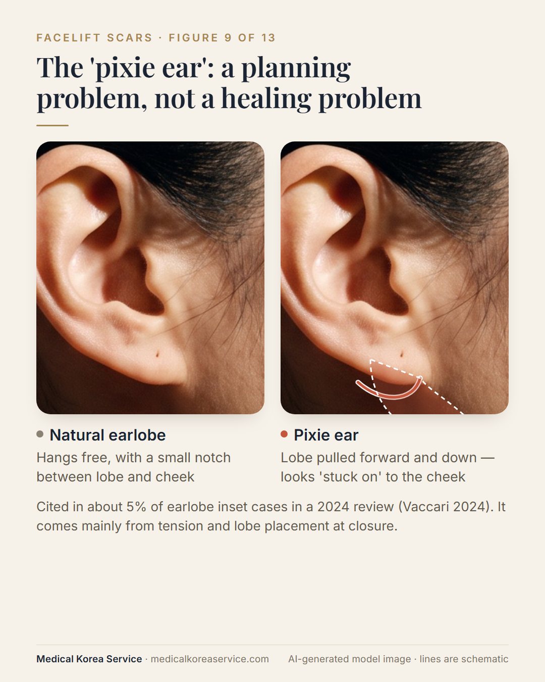 AI-generated model photo. Two ear diagrams comparing a natural free-hanging earlobe with a pixie ear pulled forward and down onto the cheek by skin tension