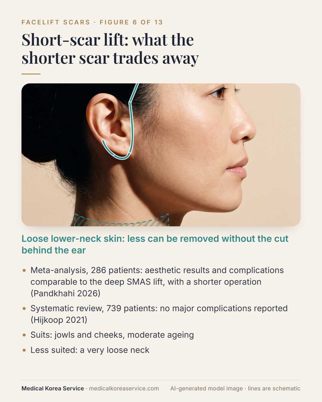 AI-generated model photo. Diagram of a short-scar facelift ending at the earlobe, with the lower neck shaded to show that less loose neck skin can be removed