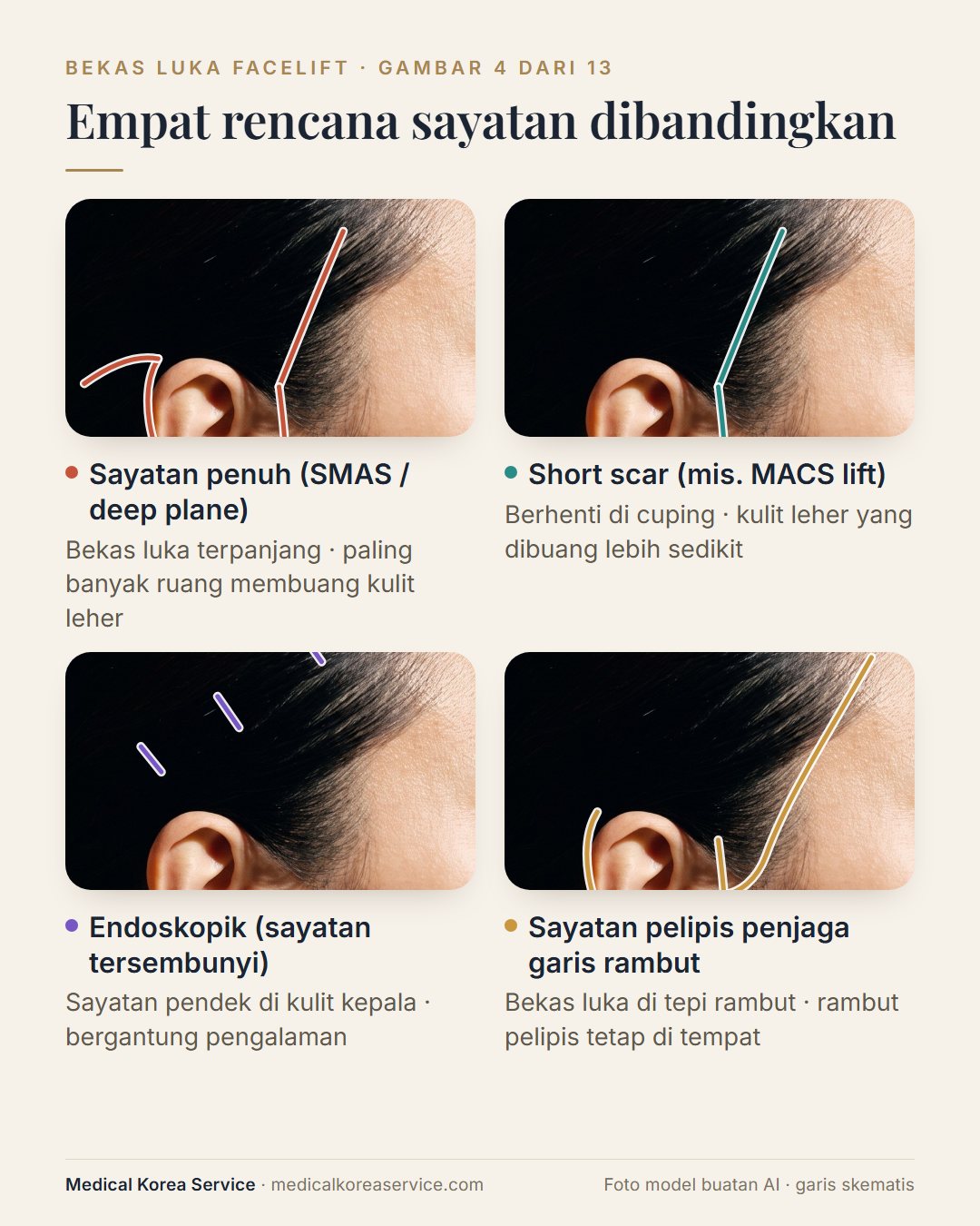 Foto model buatan AI. Empat diagram samping yang membandingkan jalur sayatan facelift penuh, short-scar MACS, endoskopik, dan penjaga garis rambut