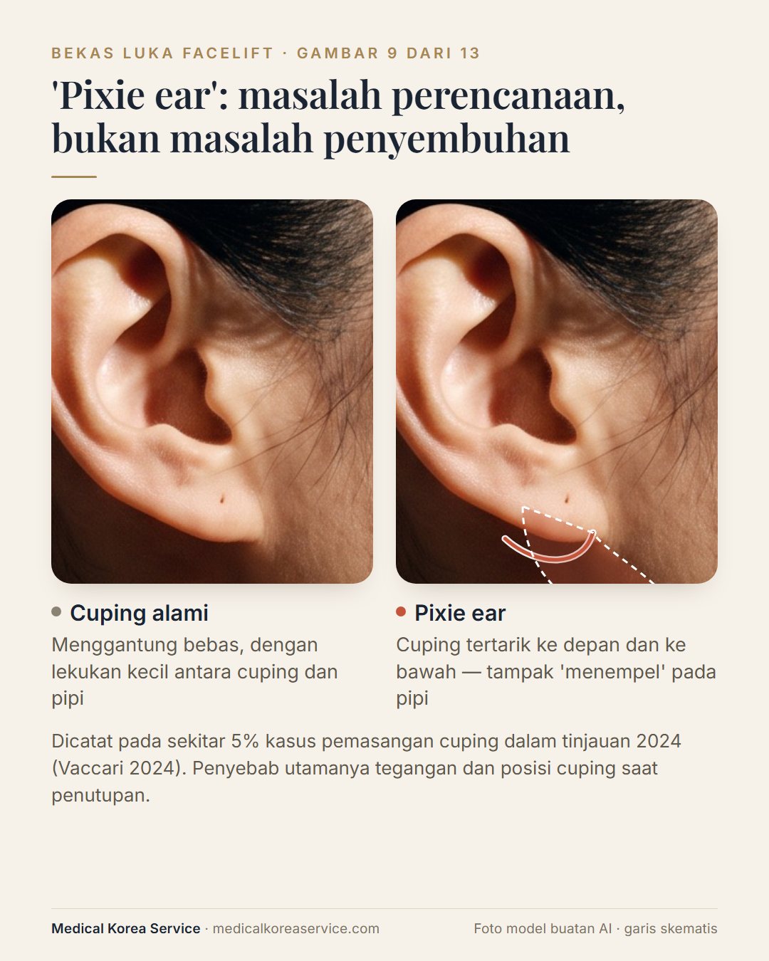 Foto model buatan AI. Dua diagram telinga yang membandingkan cuping alami yang menggantung bebas dengan pixie ear yang tertarik ke depan dan ke bawah ke pipi