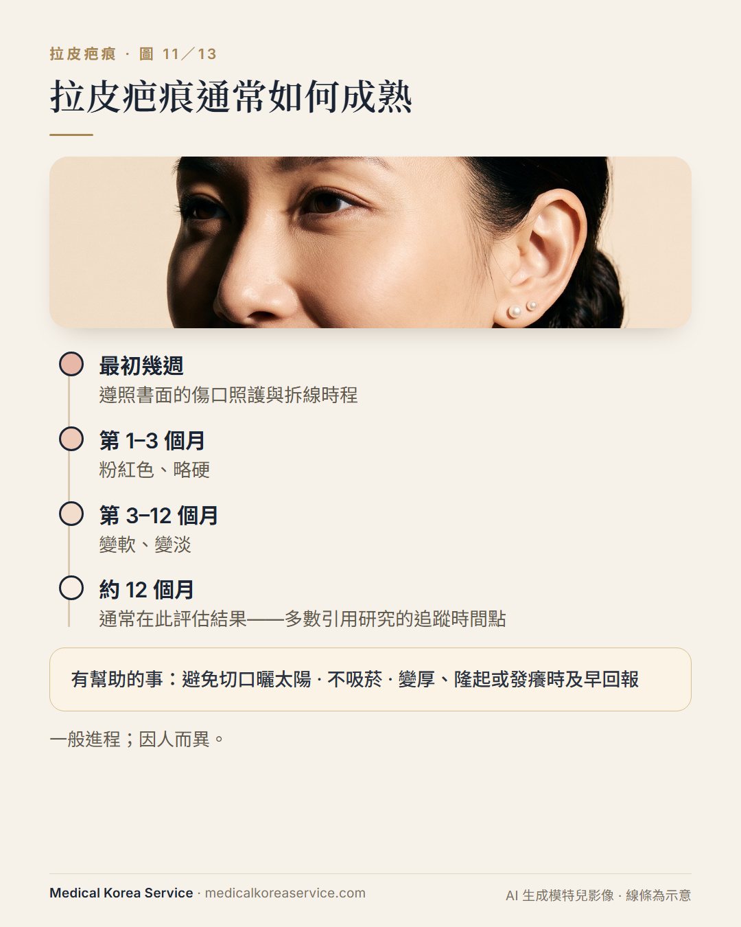 AI 生成的模特兒照片。拉皮疤痕成熟時間軸：從最初幾週到約 12 個月，先粉紅偏硬，之後變軟變淡