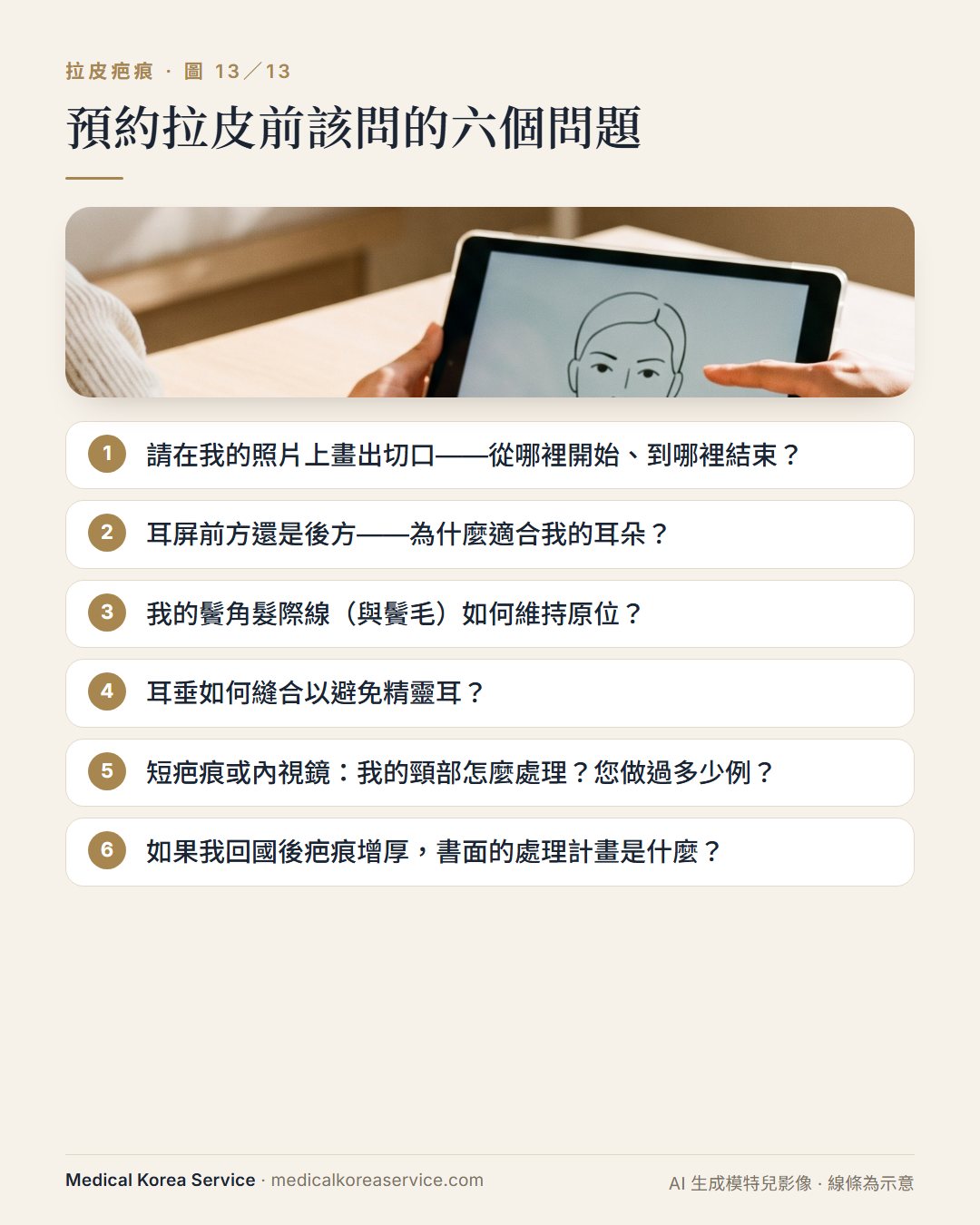 AI 生成的模特兒照片。清單卡：向醫師詢問拉皮切口、髮際線、耳垂、頸部與疤痕追蹤的六個問題
