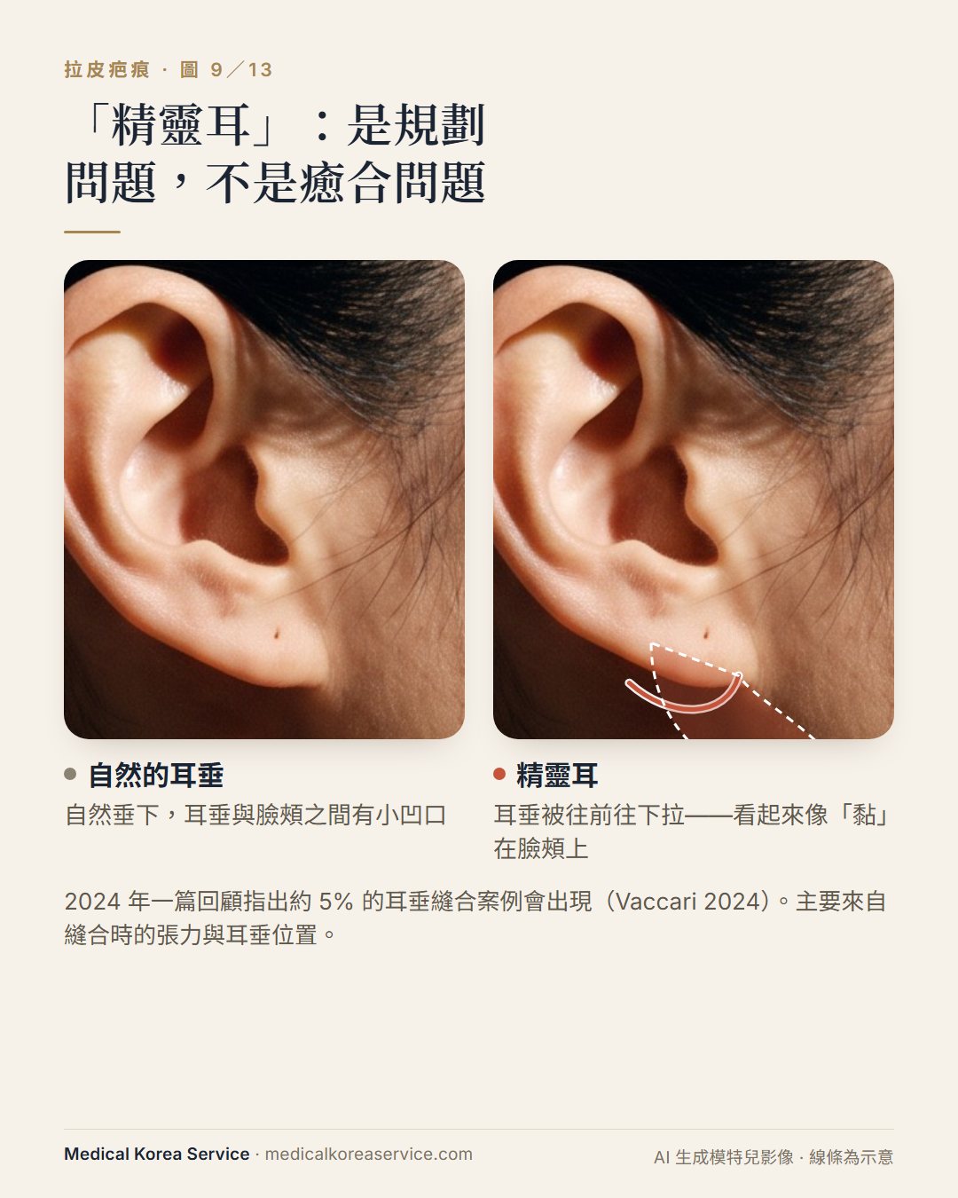 AI 生成的模特兒照片。兩張耳朵示意圖：比較自然垂下的耳垂與被皮膚張力往前往下拉向臉頰的精靈耳