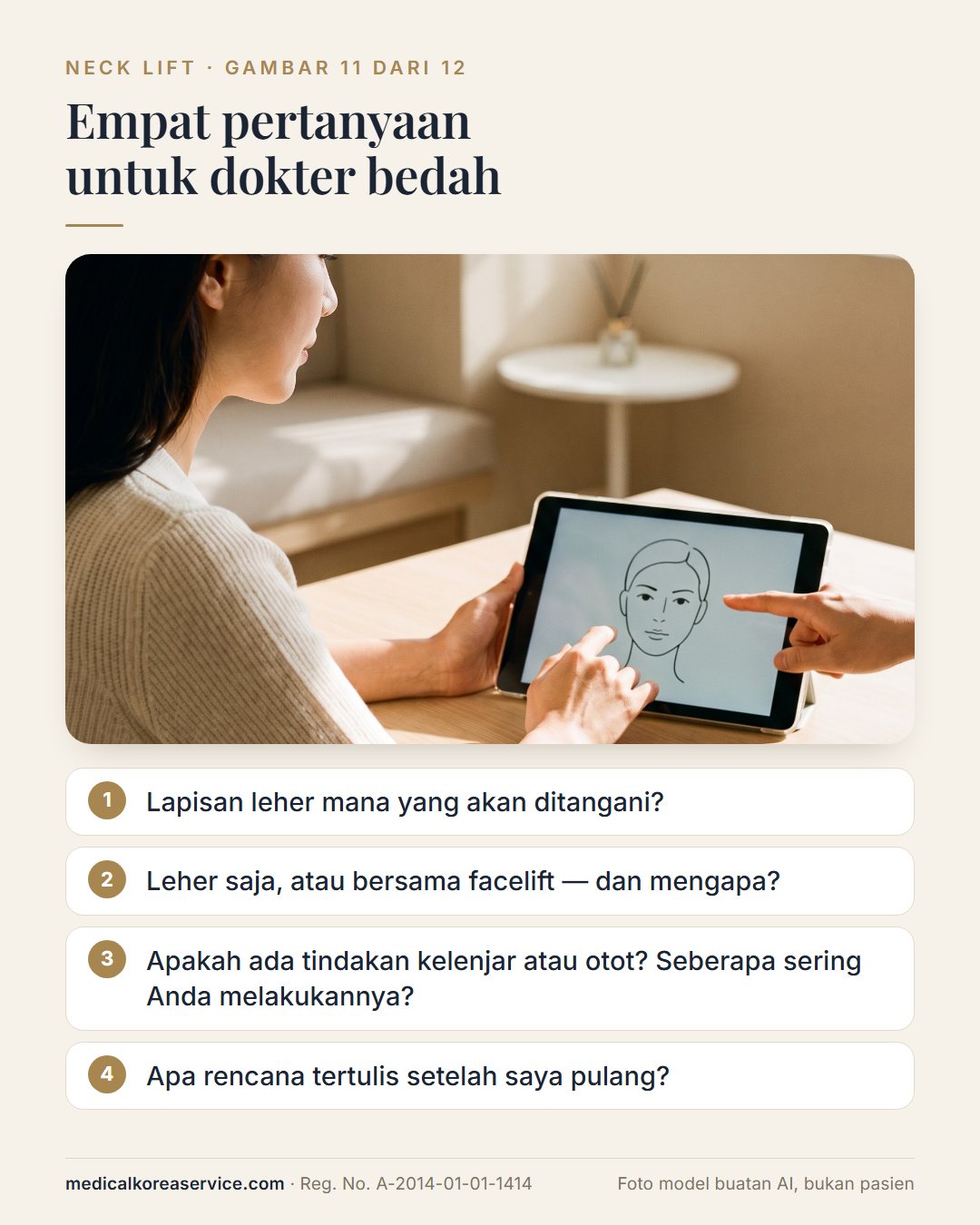 Foto model buatan AI. Suasana konsultasi dengan empat pertanyaan untuk dokter bedah neck lift tentang lapisan yang ditangani, leher saja atau bersama facelift, tindakan kelenjar atau otot, dan rencana setelah pulang