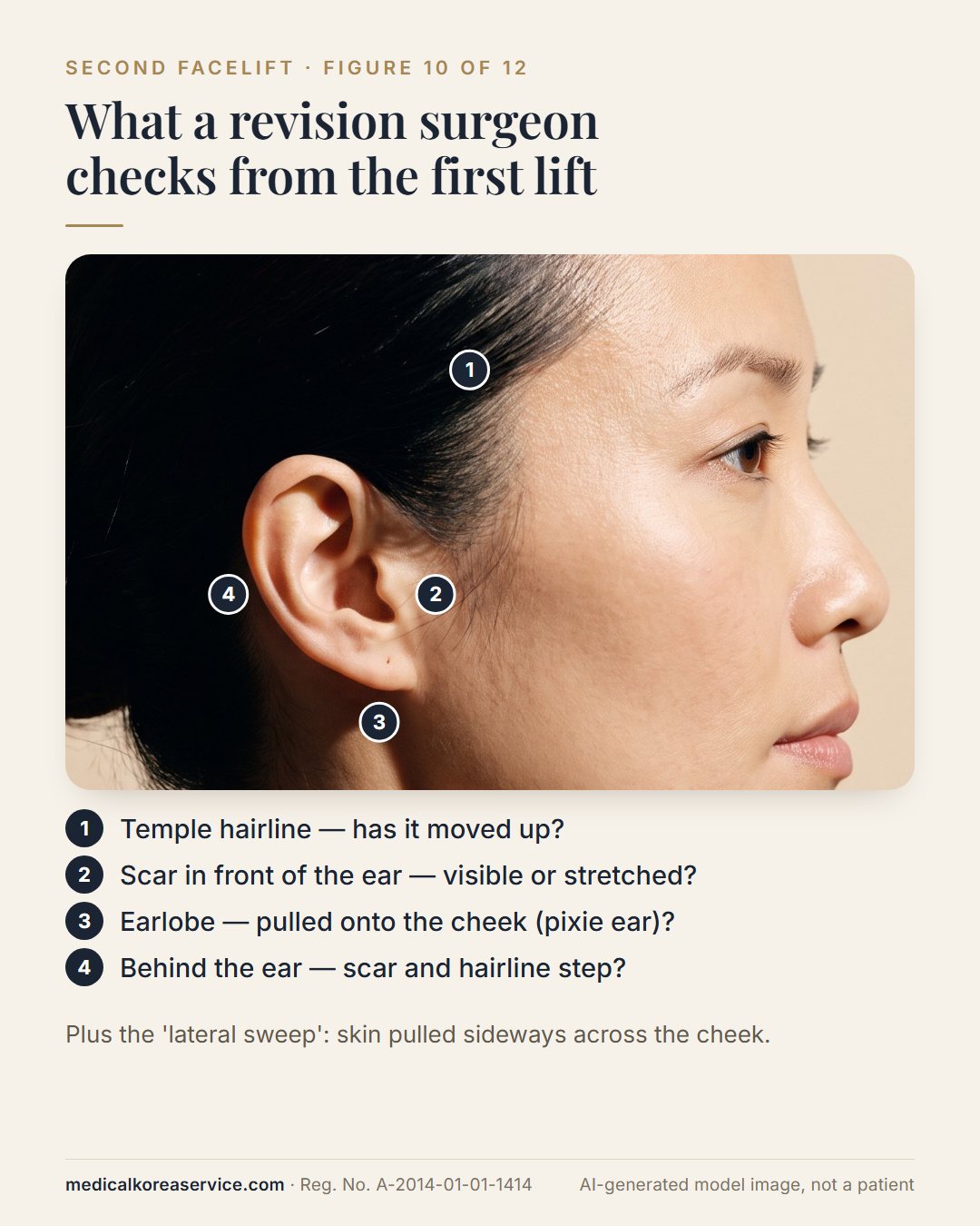 AI-generated model photo. Side profile with four numbered points a revision surgeon checks: temple hairline, scar in front of the ear, pixie earlobe, scar behind the ear