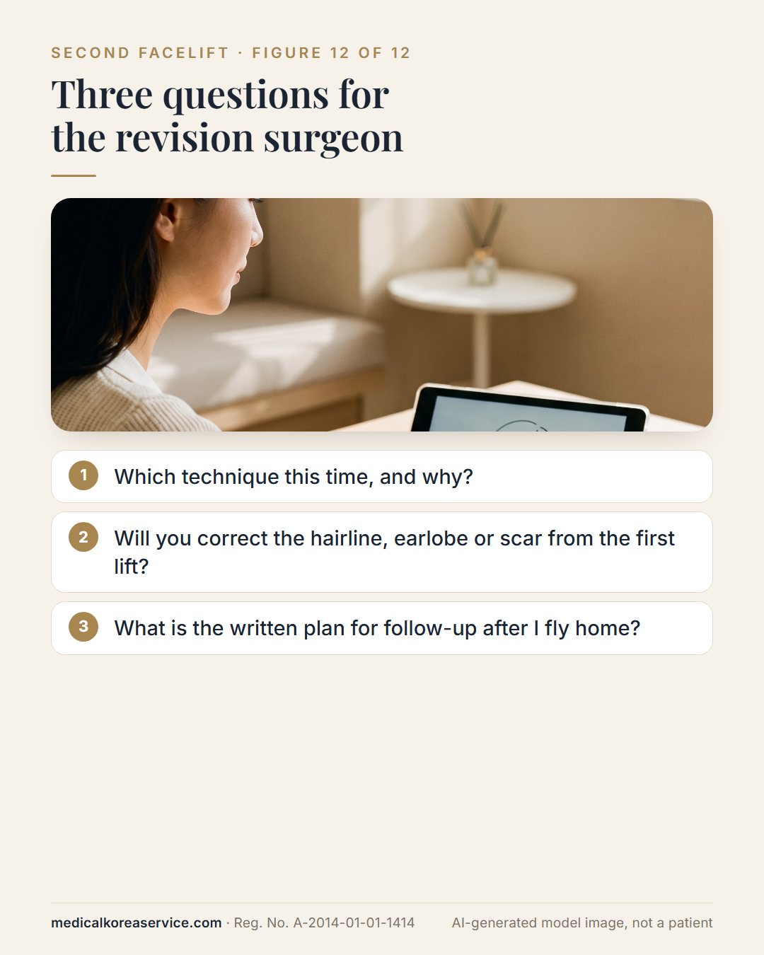 AI-generated model photo. Consultation scene with three questions for a revision surgeon about technique, correcting the first lift, and written follow-up after flying home