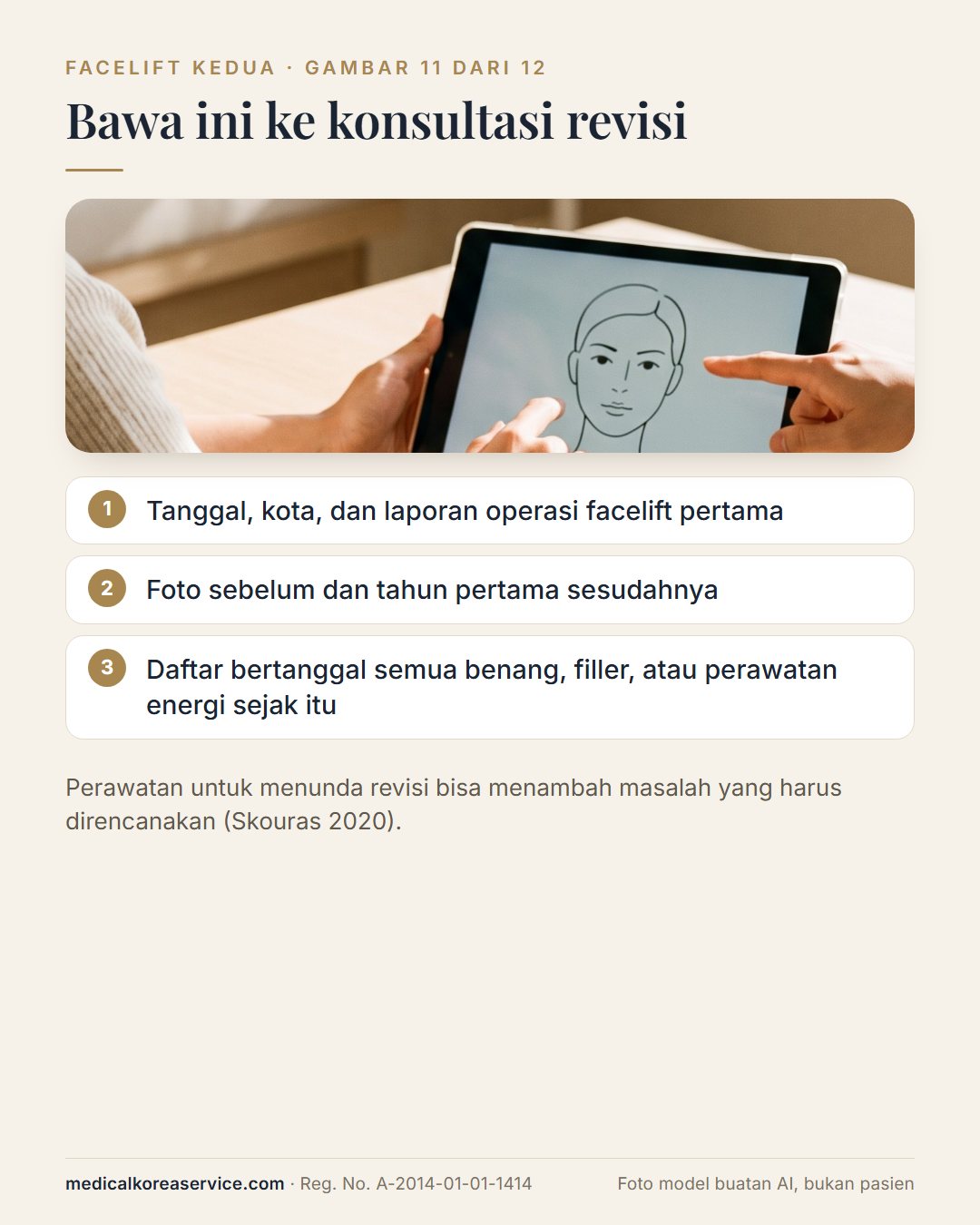 Foto model buatan AI. Suasana konsultasi dengan daftar tiga catatan yang perlu dibawa: laporan operasi pertama, foto sebelum dan sesudah, daftar perawatan bertanggal