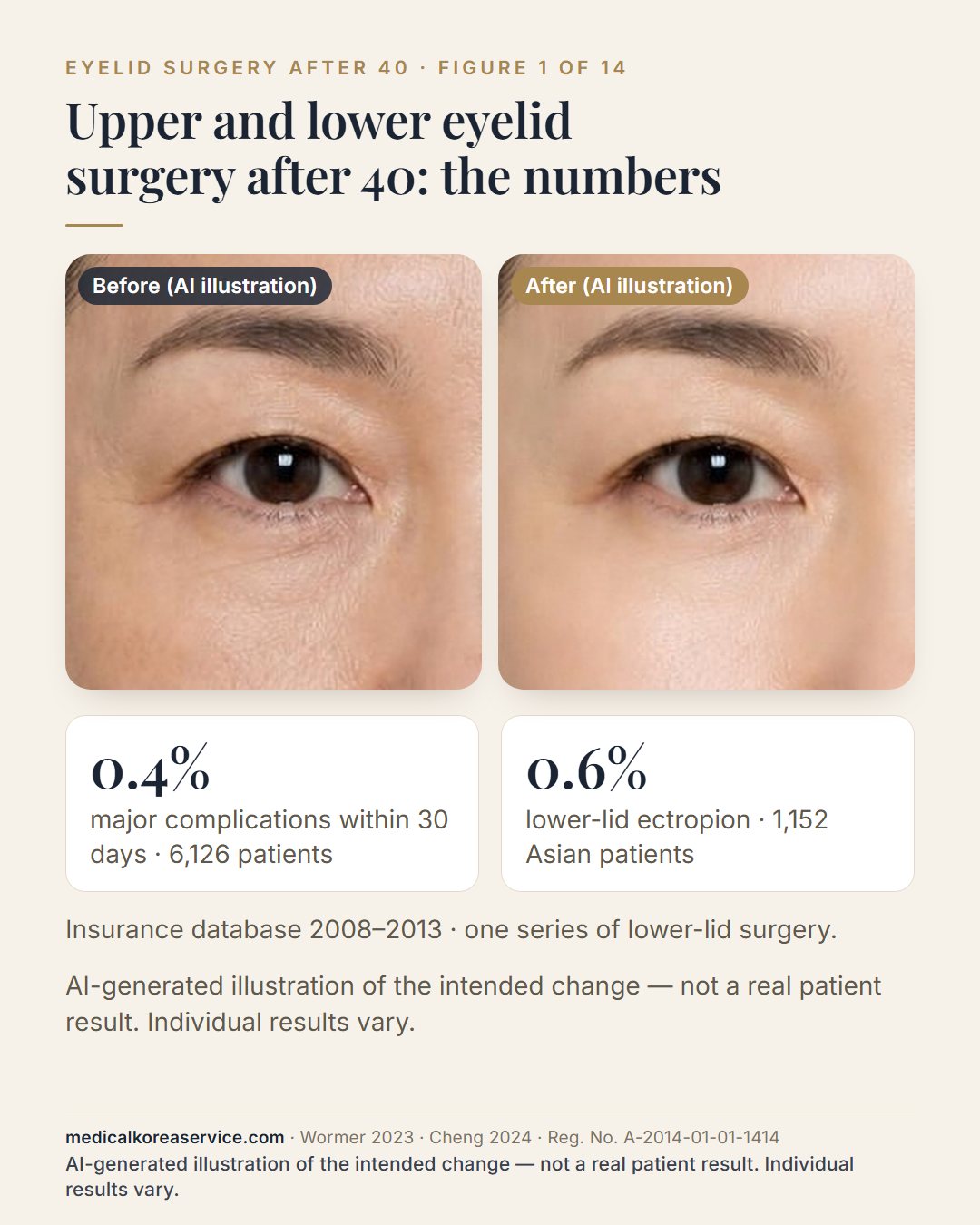 AI-generated model photo. One eye of a woman in her 40s shown before and after, with two figures: major complications within 30 days in 0.4% of 6,126 eyelid and brow patients, and lower-lid ectropion in 0.6% of 1,152 Asian patients The before and after images are an AI-generated illustration of the intended change, not a real patient result.