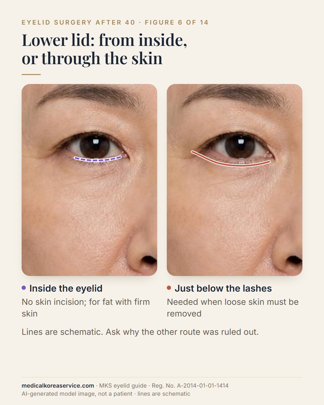AI-generated model photo. Two views of the same eye comparing lower-eyelid approaches: a dashed line inside the lower lid and a solid line just below the lashes