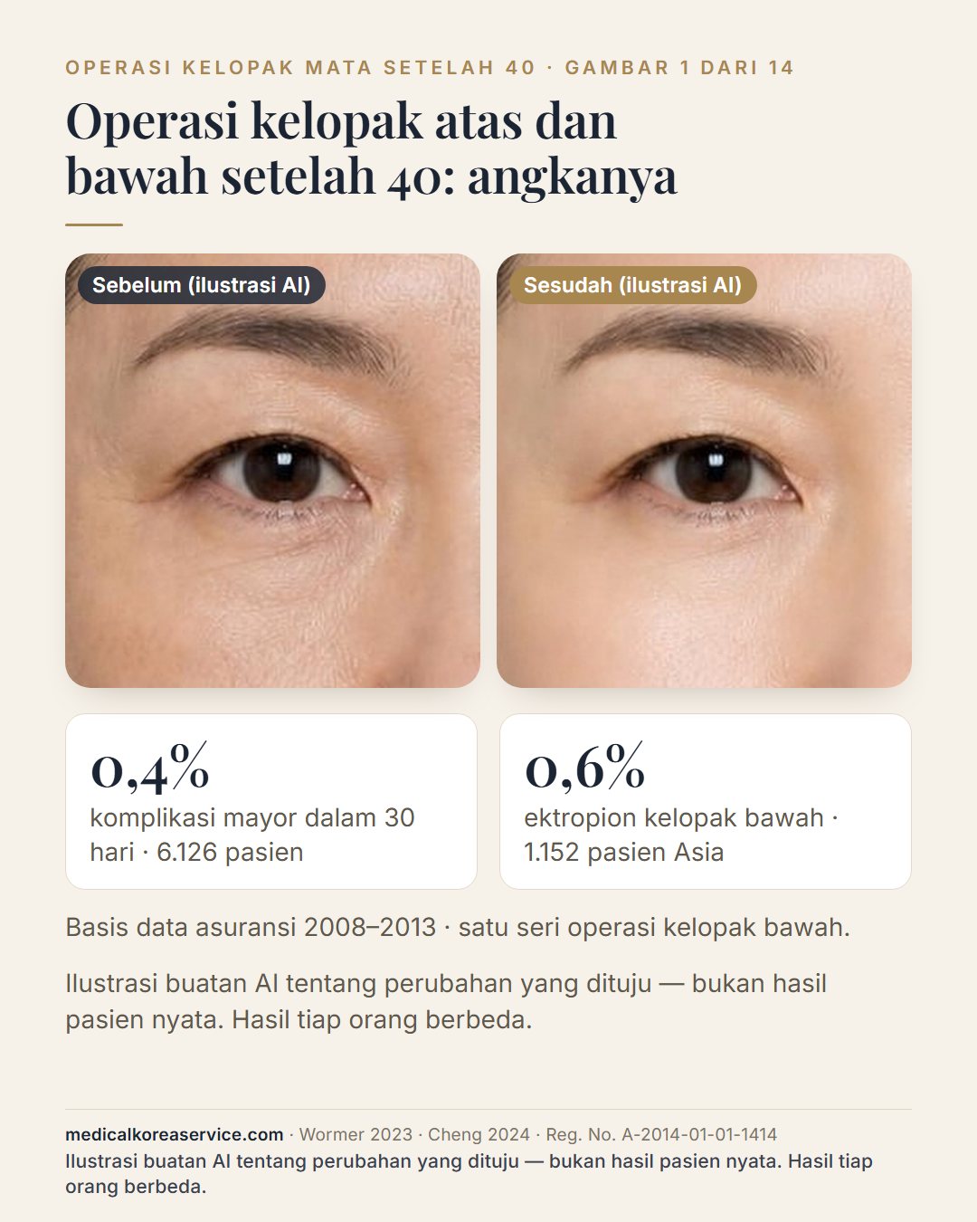 Foto model buatan AI. Satu mata seorang perempuan usia 40-an, sebelum dan sesudah, dengan dua angka: komplikasi mayor dalam 30 hari pada 0,4% dari 6.126 pasien kelopak dan alis, dan ektropion kelopak bawah pada 0,6% dari 1.152 pasien Asia Gambar sebelum dan sesudah adalah ilustrasi buatan AI tentang perubahan yang dituju, bukan hasil pasien nyata.
