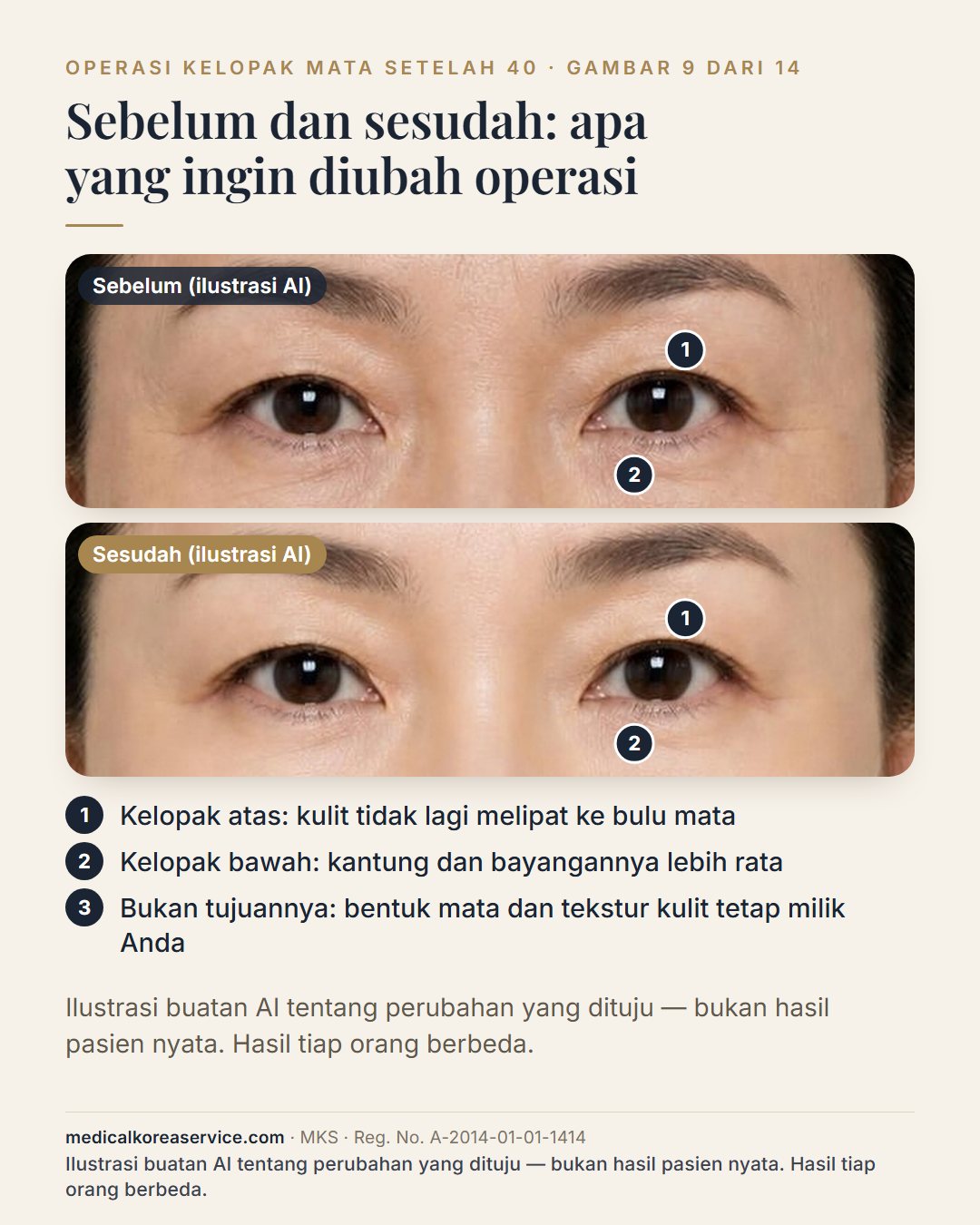 Foto model buatan AI. Dua tampilan kedua mata model yang sama, berlabel Sebelum dan Sesudah, dengan titik bernomor di kelopak atas dan kelopak bawah: kulit kelopak atas tidak lagi melipat ke bulu mata, dan kantung serta bayangan kelopak bawah lebih rata Gambar sebelum dan sesudah adalah ilustrasi buatan AI tentang perubahan yang dituju, bukan hasil pasien nyata.