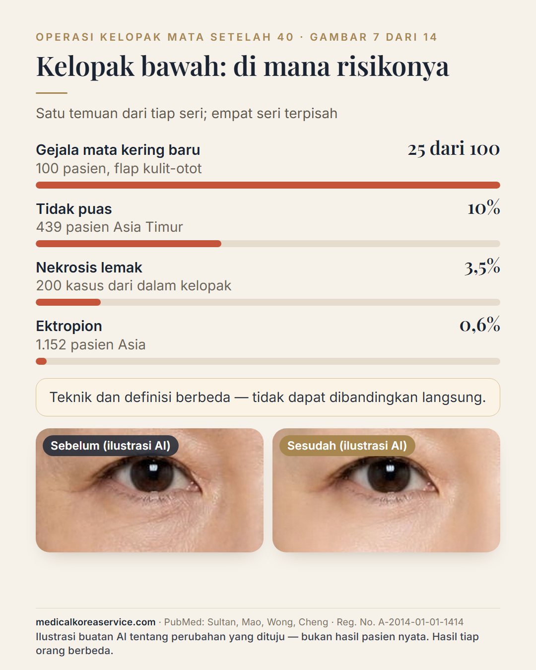 Foto model buatan AI. Diagram batang temuan blefaroplasti bawah di atas sepasang gambar mata sebelum dan sesudah: gejala mata kering baru pada 25 dari 100 pasien, 10% tidak puas dari 439, nekrosis lemak 3,5% dari 200 kasus, ektropion 0,6% dari 1.152 Gambar sebelum dan sesudah adalah ilustrasi buatan AI tentang perubahan yang dituju, bukan hasil pasien nyata.