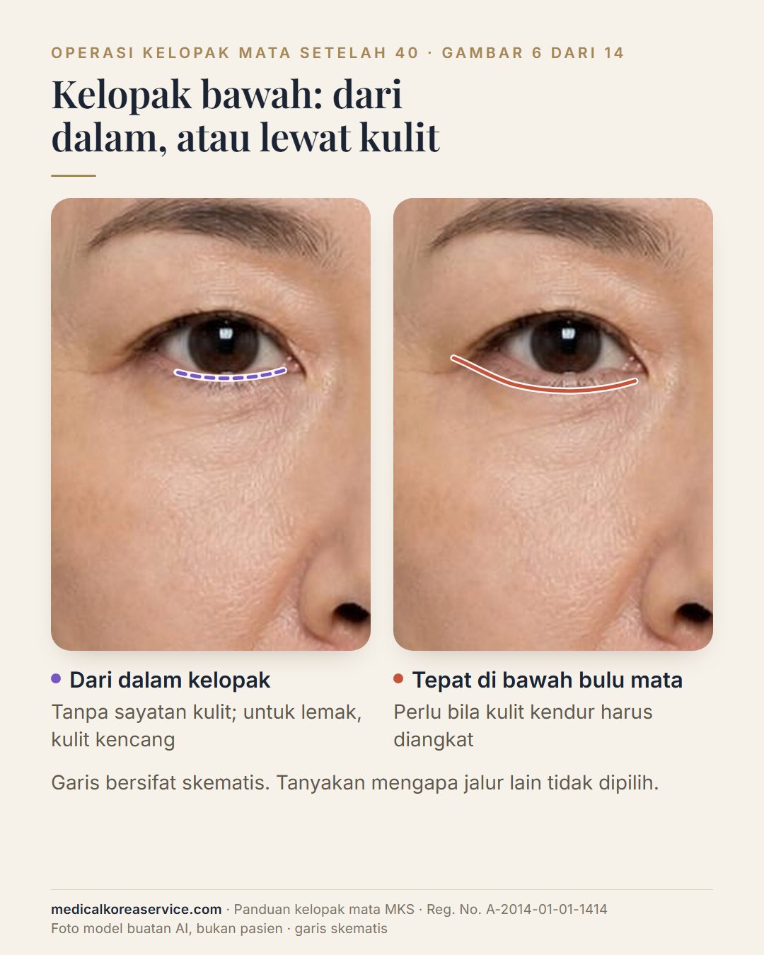 Foto model buatan AI. Dua tampilan mata yang sama membandingkan pendekatan kelopak bawah: garis putus-putus di sisi dalam kelopak bawah dan garis utuh tepat di bawah bulu mata