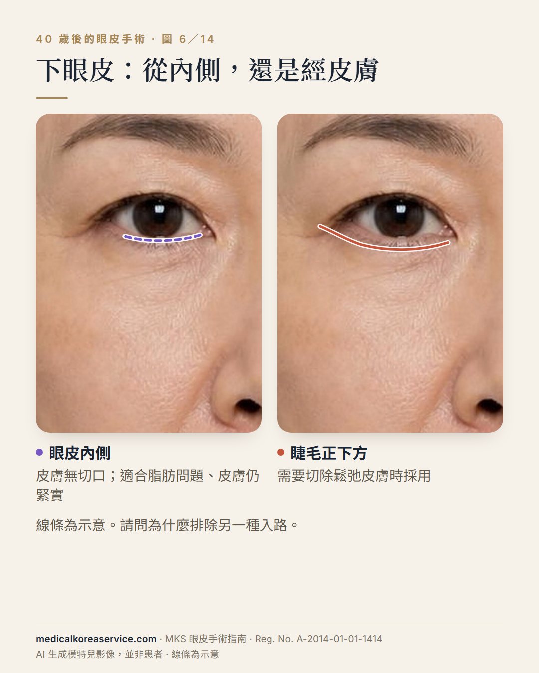 AI 生成的模特兒照片。同一隻眼睛的兩張圖，比較下眼皮入路：下眼皮內側的虛線，以及睫毛正下方的實線