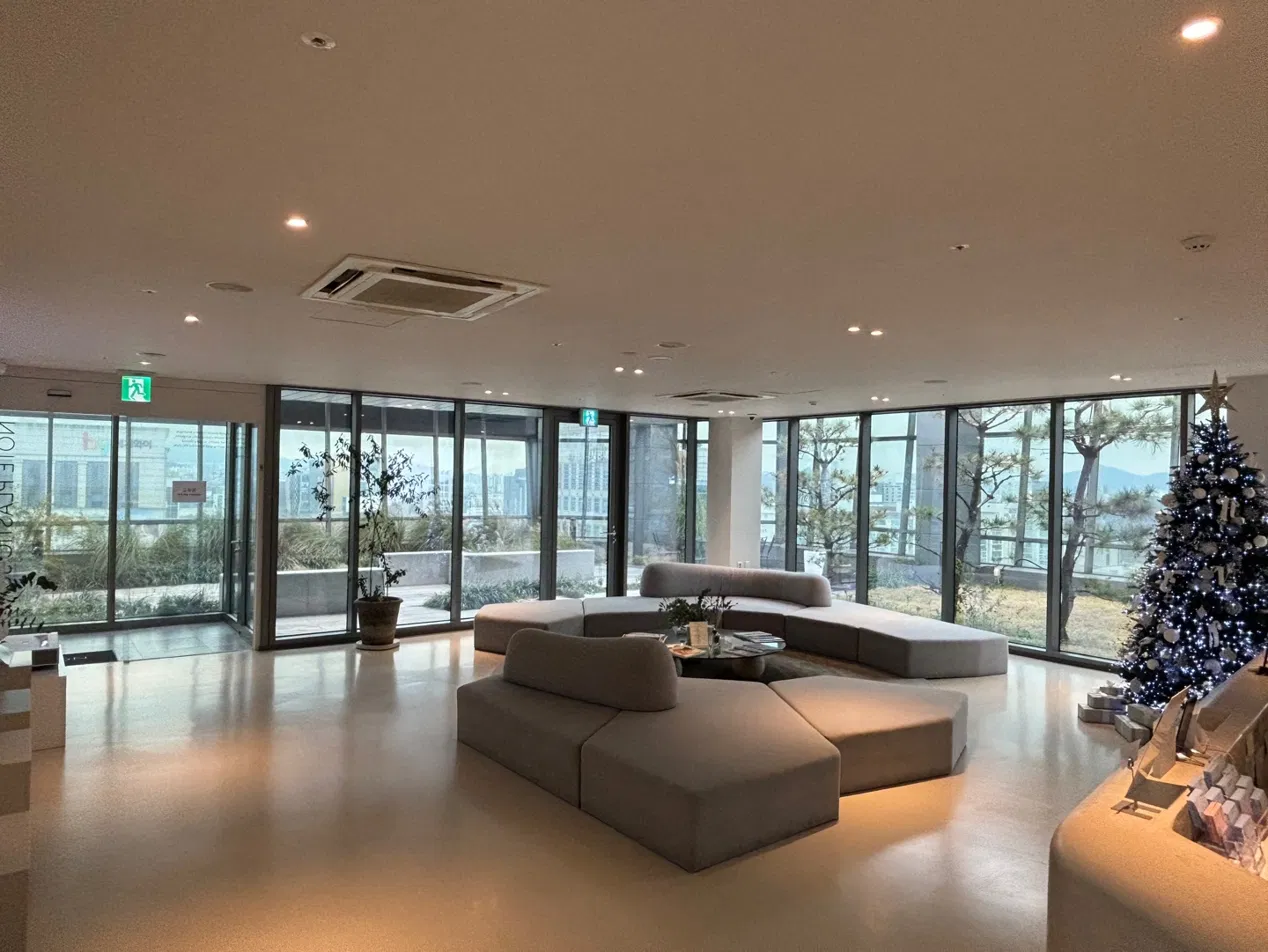 Private hospital lobby with city view